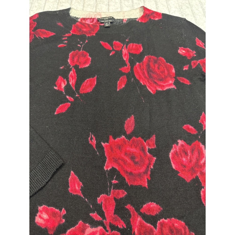 Talbots Petites Black Red Rose Floral Pure Merino Wool Sweater Crew Neck P 08/12